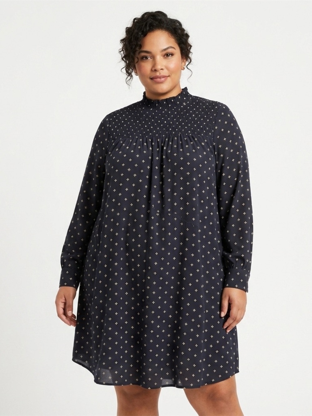 a new day Navy Long Sleeve Smocked Yoke Printed Dress